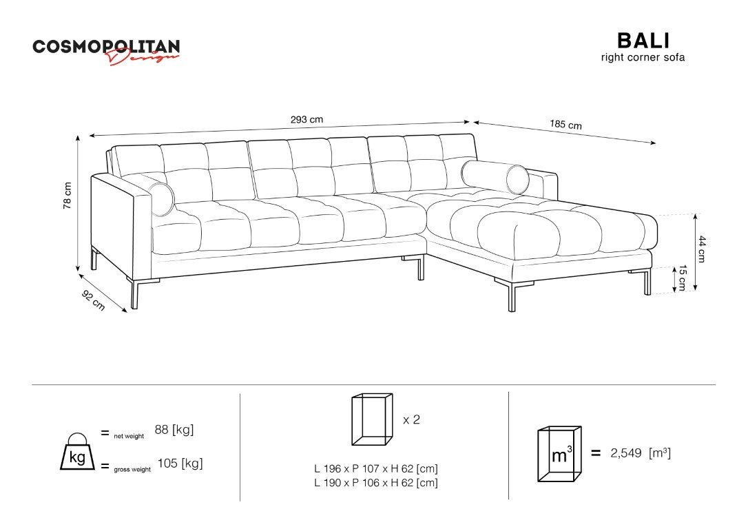 Cosmopolitan Design Velvet Right Corner Sofa Bali 5 Seater Royal Blue